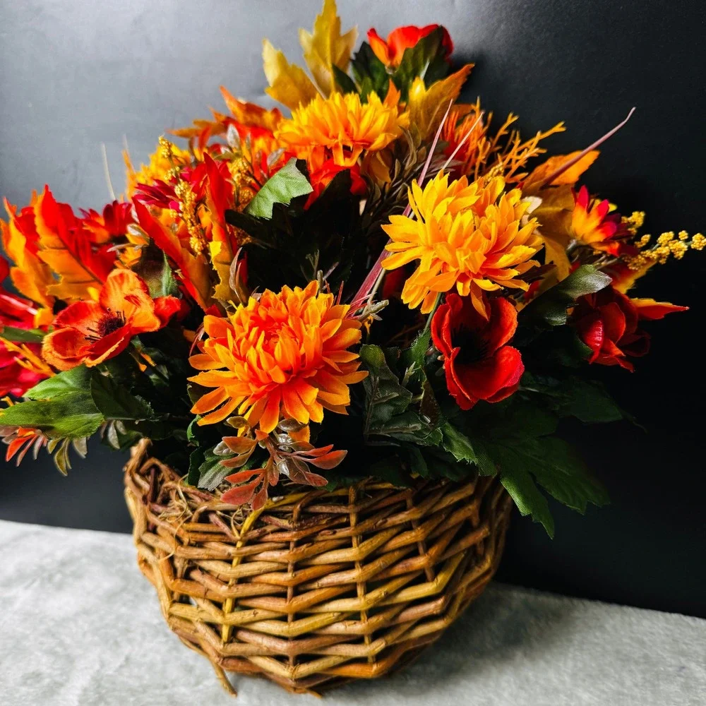 Fall Floral Arrangement Woven Twig Wall Basket Autumn Flowers Leaves Cottagecore